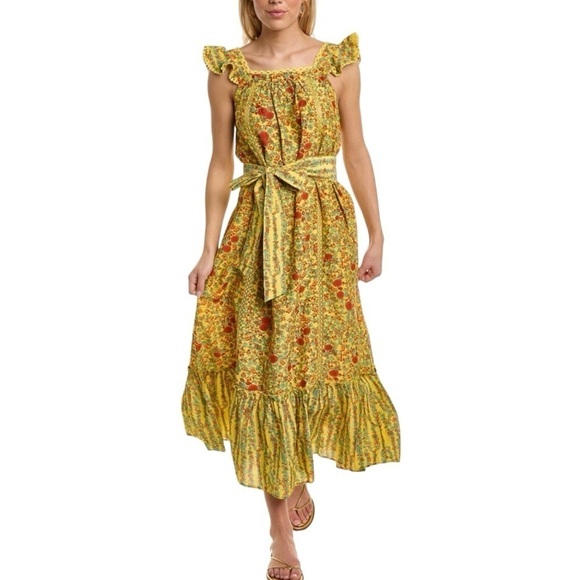 Roller Rabbit Dresses & Skirts - Roller Rabbit Rhody Zarella Silk Blend Yellow Tie Waist Midi Dress Women Large